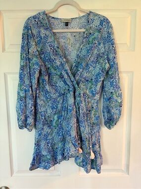 J. Valdi Blue & Free Floral Tropical Wrap Dress with Ruffle Hem